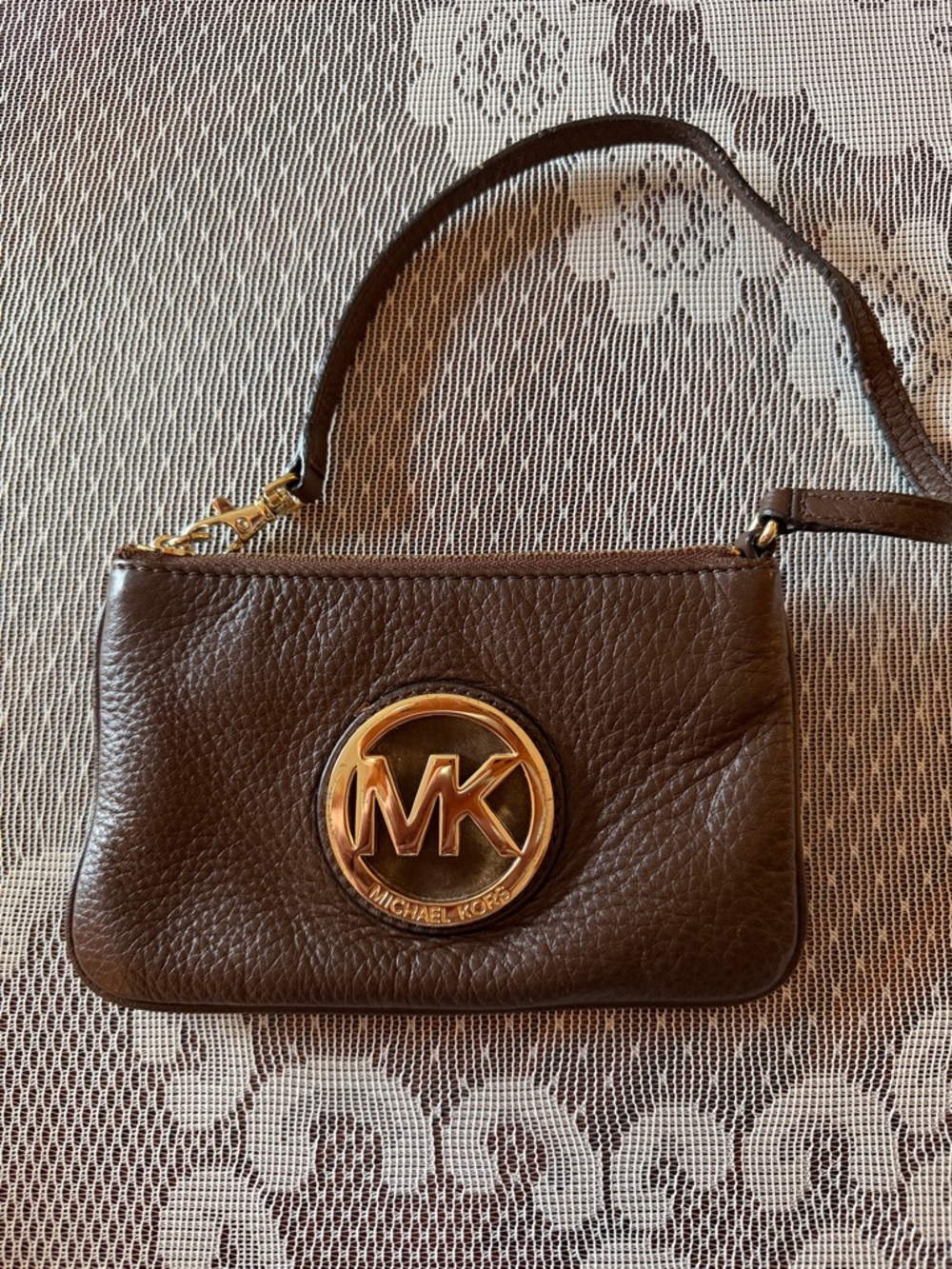 Michael Kors Chocolate Brown Pebbled Leather Wristlet with Gold MK Emblem